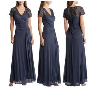 XSCAPE Beaded Dress Short Sleeve Ruched Charcoal Gown Size 4 $278